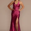 Ruched V-Neck Stretch Satin Sheath Gown With Slit