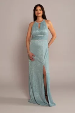 High-Neck Glitter A-Line Gown With Keyholes