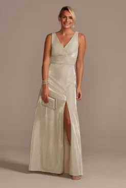 Metallic A-Line Tank Gown With Slit Skirt