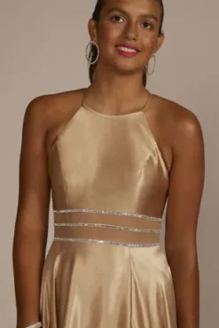 Satin High Neck Illusion Waist A-Line Dress -Floral Applique Dresses Shop WBM2452V2 GOLDEN PRM PROD9 051