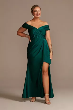 Off-the-Shoulder Stretch Satin Gown With Ruffle 1 Off-the-Shoulder Stretch Satin Gown With Ruffle