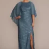 Draped Lace Floor-Length Dress With Matching Shawl