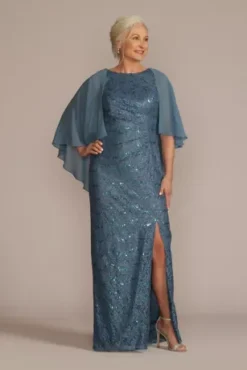 Draped Lace Floor-Length Dress With Matching Shawl