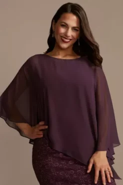 Short Lace Sheath Dress With Asymmetrical Capelet -Floral Applique Dresses Shop WBM2580 PLUM MOB PROD4 041