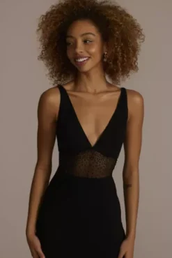 Floor Length Crepe Gown With Beaded Mesh Detail -Floral Applique Dresses Shop WBM2787 BLACK PROM PROD12 050