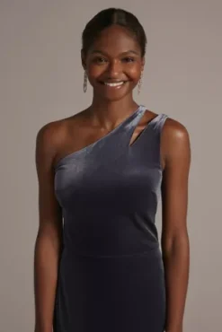 Cutout One-Shoulder Velvet Gown With Skirt Slit -Floral Applique Dresses Shop WBM2798V1 MIDNIGHT PRTY PROD12 155