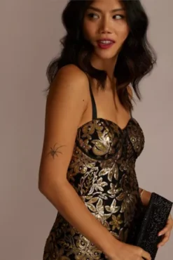 Corset Bodice Floral Knee-Length Sheath -Floral Applique Dresses Shop WBM2808 BLKGOLD PARTY PROD11 3721