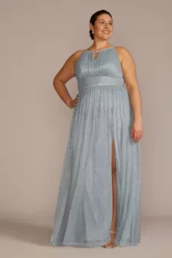 Plus Size Pleated Long Halter Dress With Keyhole