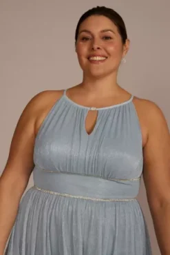 Plus Size Pleated Long Halter Dress With Keyhole -Floral Applique Dresses Shop WBM2831W LTBLUE MOB PROD4 089