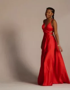 Satin A-Line Prom Dress With Cutouts -Floral Applique Dresses Shop WBM2948 Poppy 2