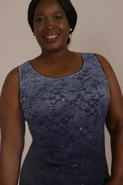 Plus Size Short Ombre Stretch Lace Tank Dress -Floral Applique Dresses Shop WBM2979V3W NAVY MOB PROD4 090