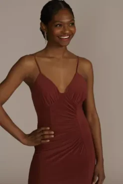 Spaghetti Strap Ruched Stretch Jersey Dress -Floral Applique Dresses Shop WBM3023 CINNAMON PARTY PROD2 072