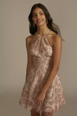 Glitter Patterned Mini A-Line Damas Dress -Floral Applique Dresses Shop WBM3059 MROSEGLDMTL DAMAS PROD1 071