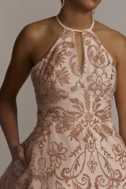 Glitter Patterned Mini A-Line Damas Dress -Floral Applique Dresses Shop WBM3059 MROSEGOLD PROD4 1791