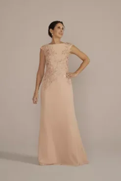 Floral Embroidered Chiffon Gown With Shawl -Floral Applique Dresses Shop WBM3097 SAND MOB PROD4 086