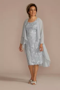 Embroidered Sheath Dress With Chiffon Jacket