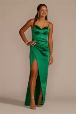 Draped Stretch Satin Sweetheart Dress With Slit