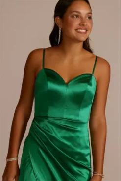 Draped Stretch Satin Sweetheart Dress With Slit -Floral Applique Dresses Shop WBM3149 EMERALD JRPRTY PROD9 V2 065