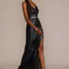 Metallic Halter Cowl Neck Sheath With Slit