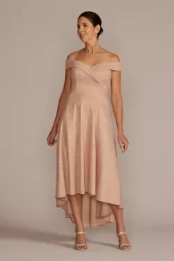 Off The Shoulder High Low Metallic Dress