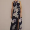 High-Neck Floral A-Line Gown With Keyholes