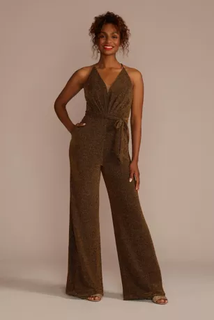 Metallic Tie-Waist Jumpsuit With Crisscross Back 1 Metallic Tie-Waist Jumpsuit With Crisscross Back