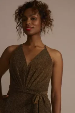 Metallic Tie-Waist Jumpsuit With Crisscross Back 5 Metallic Tie-Waist Jumpsuit With Crisscross Back -Floral Applique Dresses Shop WBM3182 COPPER PRTY PROD7 2336