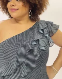 Polka Dot One-Shoulder Ruffle A-Line Dress -Floral Applique Dresses Shop WBM3183V1 PDP