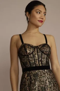 Floor Length Corset Sheath With Slit -Floral Applique Dresses Shop WBM3187V2 BLACKNUDE PRTY PROD6 086