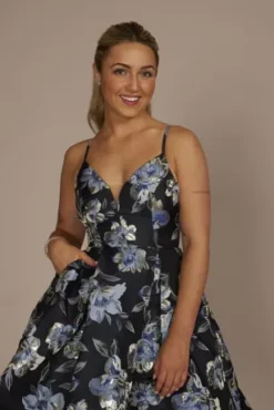 Plunging Metallic Floral Brocade A-Line Dress -Floral Applique Dresses Shop WBM3210 NAVY HC PROD7 064