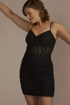 V-Neck Lace Mini Dress With Illusion Waist -Floral Applique Dresses Shop WBM3216 BLACK HC PROD6 1379