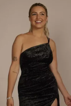 One-Shoulder Velvet Sparkle Mini Dress With Slit -Floral Applique Dresses Shop WBM3218 BLACK HC PROD7 079