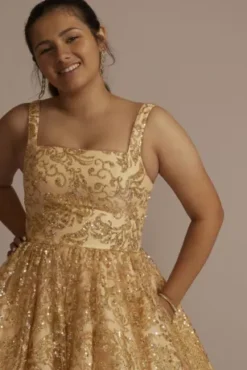 Square Neck Sequin Embellished Damas Dress -Floral Applique Dresses Shop WBM3239 GOLD QUINCE PROD7 060