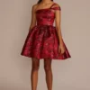 One-Shoulder Floral Brocade Damas Dress