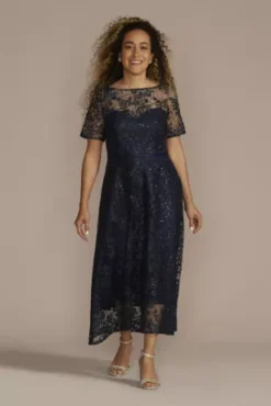Short Sleeve Illusion Lace High-Low Dress