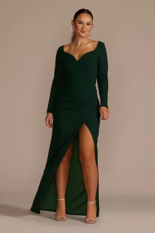 Long Sleeve Sweetheart Crepe Dress With Slit 1 Long Sleeve Sweetheart Crepe Dress With Slit
