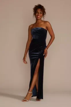 Strapless Glitter Velvet Sheath Dress With Slit