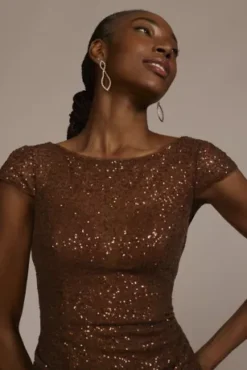 Cap Sleeve Sequin Short Dress -Floral Applique Dresses Shop WBM3336 COPPER PRTY PROD3 101