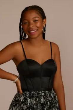 Corset Ball Gown With Star Patterned Glitter Skirt -Floral Applique Dresses Shop WBM3338 BLACK PROD9 PRM 832