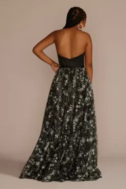 Corset Ball Gown With Star Patterned Glitter Skirt -Floral Applique Dresses Shop WBM3338 BLACK PROD9 PRM 897
