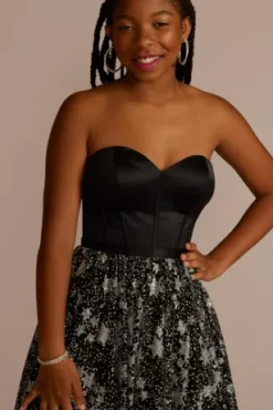 Corset Ball Gown With Star Patterned Glitter Skirt -Floral Applique Dresses Shop WBM3338 BLACK PROD9 PRM 920