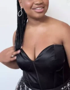 Corset Ball Gown With Star Patterned Glitter Skirt -Floral Applique Dresses Shop WBM3338 PDP