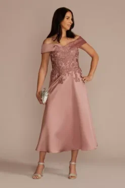 Off-the-Shoulder Embroidered Satin A-Line Dress