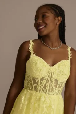 Floral Applique Ballgown With Illusion Corset -Floral Applique Dresses Shop WBM3377 CANARY PROD9 PRM 2862