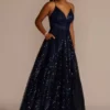 Illusion Plunge Allover Sequin Ball Gown