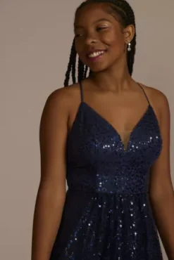 Illusion Plunge Allover Sequin Ball Gown -Floral Applique Dresses Shop WBM3385 NAVY PROD9 PRM 491