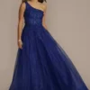 One-Shoulder Glitter Tulle 3D Floral Ball Gown