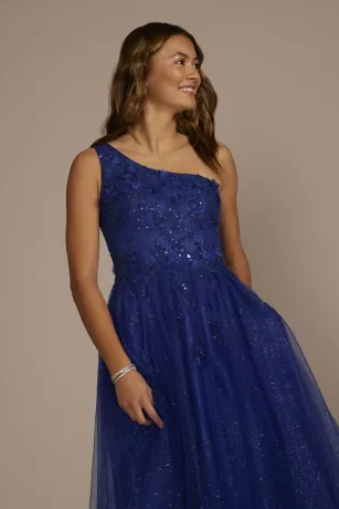 One-Shoulder Glitter Tulle 3D Floral Ball Gown 3 One-Shoulder Glitter Tulle 3D Floral Ball Gown - Image 3