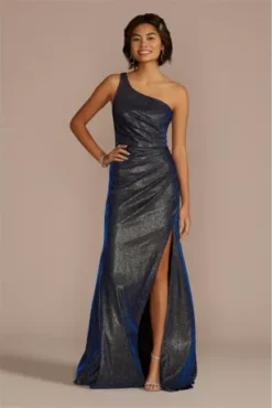 One-Shoulder Glitter Metallic Pleated Dress