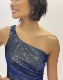 One-Shoulder Glitter Metallic Pleated Dress -Floral Applique Dresses Shop WBM3553 PDP